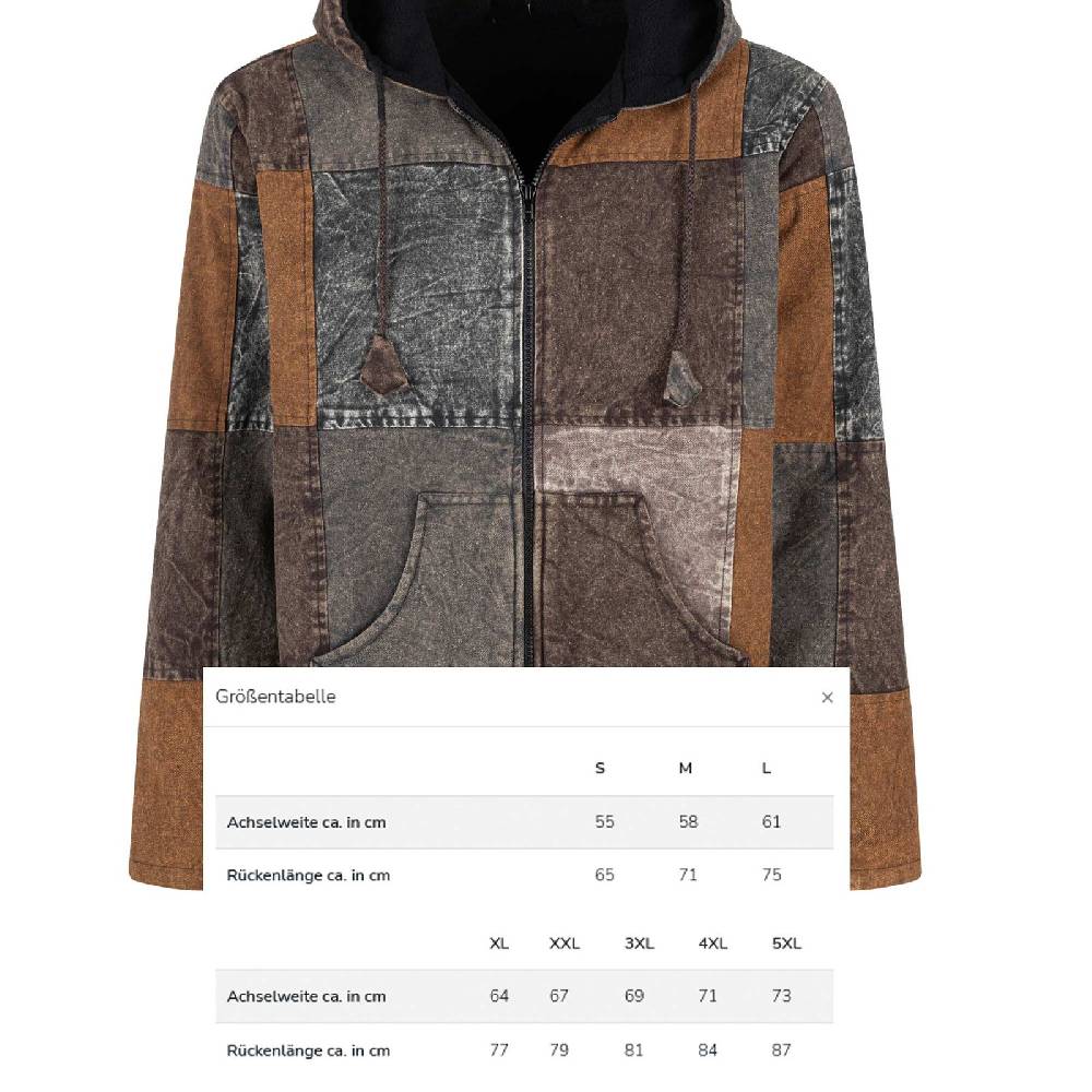 Kunst Und Magie Patchwork Jacke Baja Hoodie Herren alternativ Kapuzenjacke Goa Fleecefutter Nachhaltig Fair Nur noch ein Tag übrig