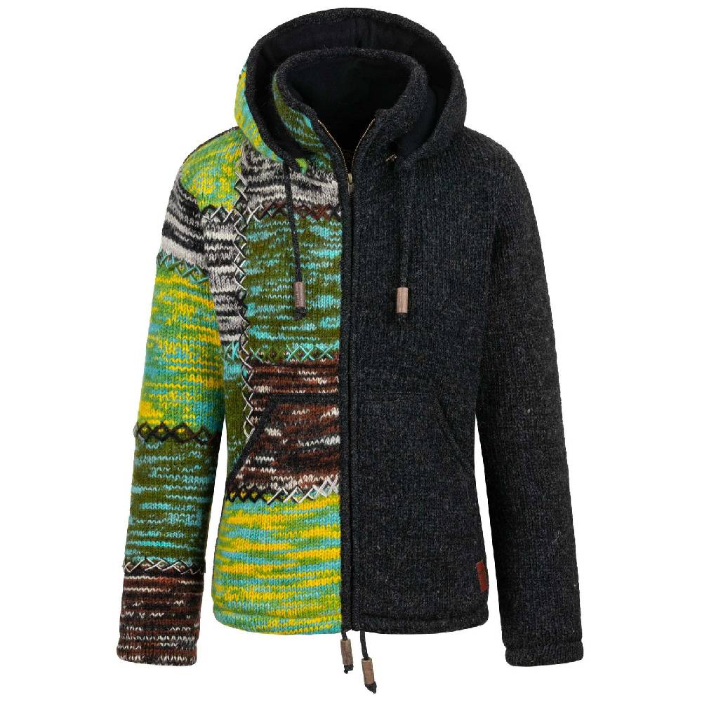 Kunst Und Magie Strickjacke Schurwolle Klassich Nordisch Wolle Jacke Winterjacke mit Hochkragen Kapuze Ying Yang