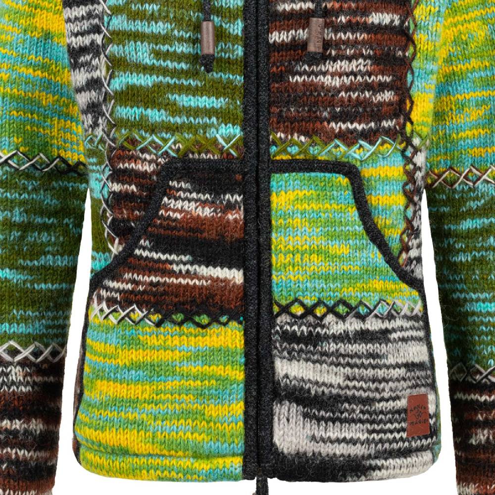 Kunst Und Magie Damen Strickjacke Goa Wolle Bunte Patchwork Winter Jacke Fleecefutter Hochkragen Zipfelkapuze 50% Rabatt für begrenzte Zeit