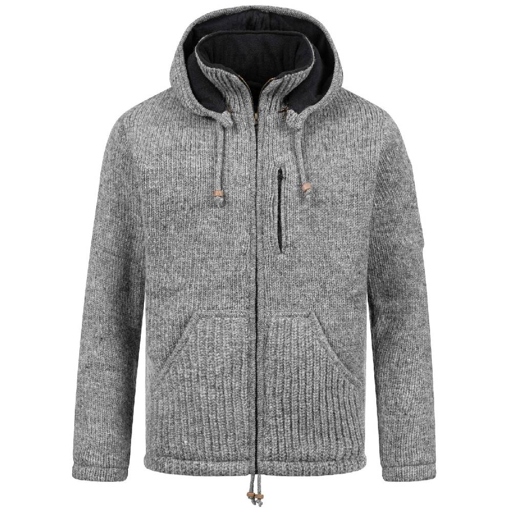 Kunst Und Magie Strickjacke Schurwolle Klassich Nordisch Wolle Jacke mit Kapuze Kragen Futter Unisex Grau