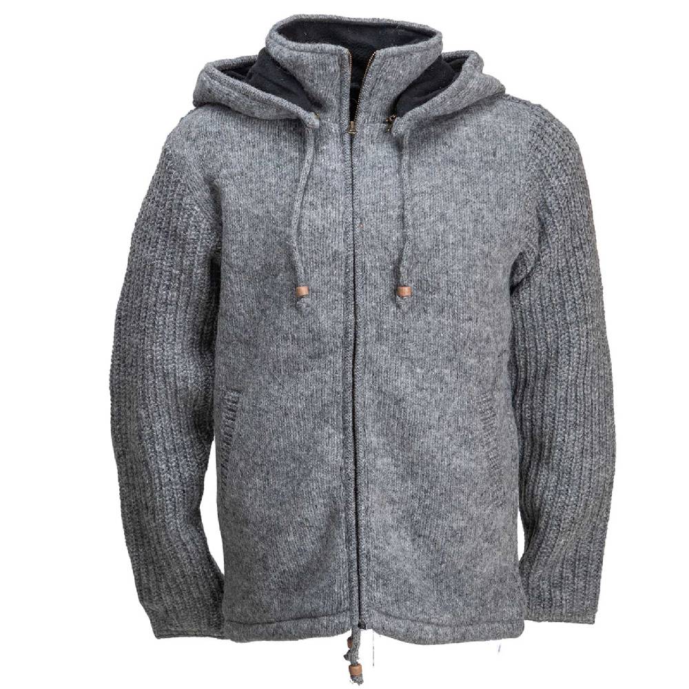 Kunst Und Magie Strickjacke Schurwolle Klassich Nordisch Wolle Jacke mit Kapuze Kragen Futter Unisex Grau Rabatt
