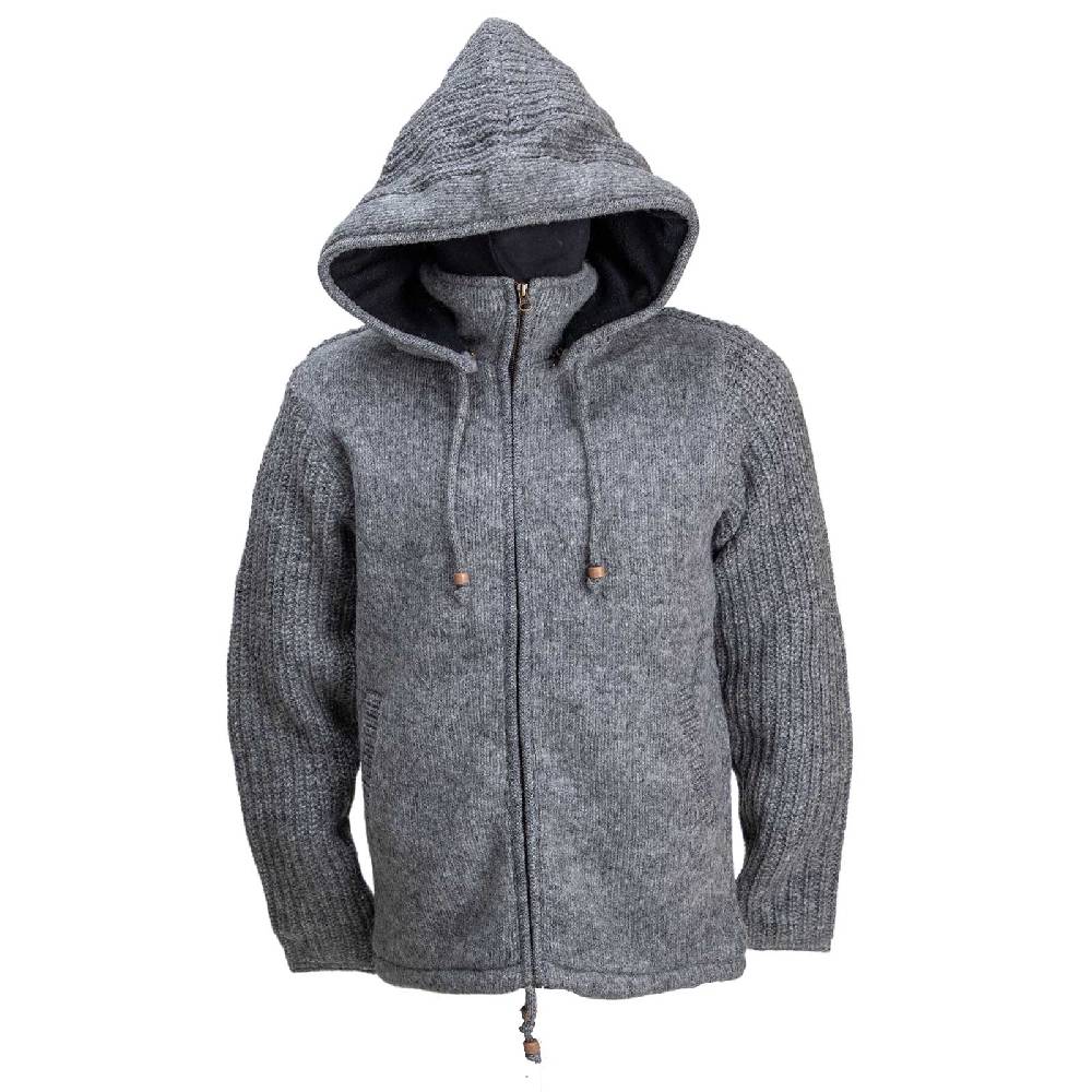 Kunst Und Magie Strickjacke Schurwolle Klassich Nordisch Wolle Jacke mit Kapuze Kragen Futter Unisex Grau Rabatt