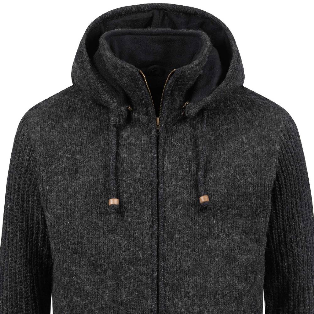 Kunst Und Magie Strickjacke Schurwolle Klassich Nordisch Wolle Jacke mit Kapuze Kragen Futter Unisex Schwarz Versandkostenfrei