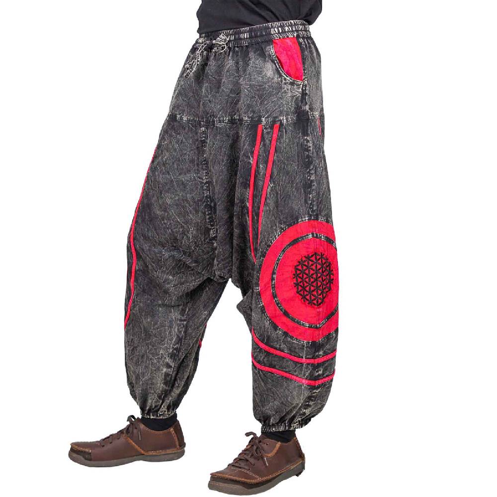 Kunst Und Magie Unisex Psy Baggy Pants Hippie Hose Goa Baumwoll Haremshose Stonewashed Blume des Lebens Exklusivangebot