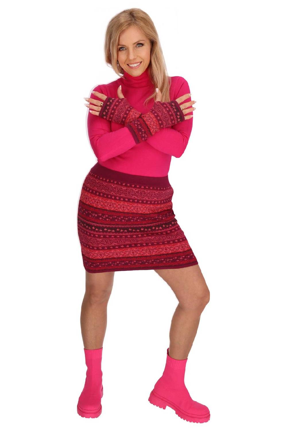 Kunst Und Magie Strickrock Knielanger Rock aus Feinstrick Jaquard Baumwolle Boho Muttertagsangebot