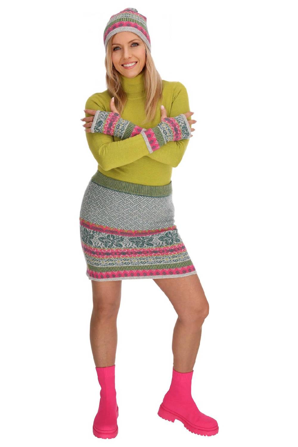 Kunst Und Magie Bunter Strickrock Knielanger Rock aus Schurwolle vom Lamm Lammwolle Wollrock Feinstrick Boho Jubiläumsangebot