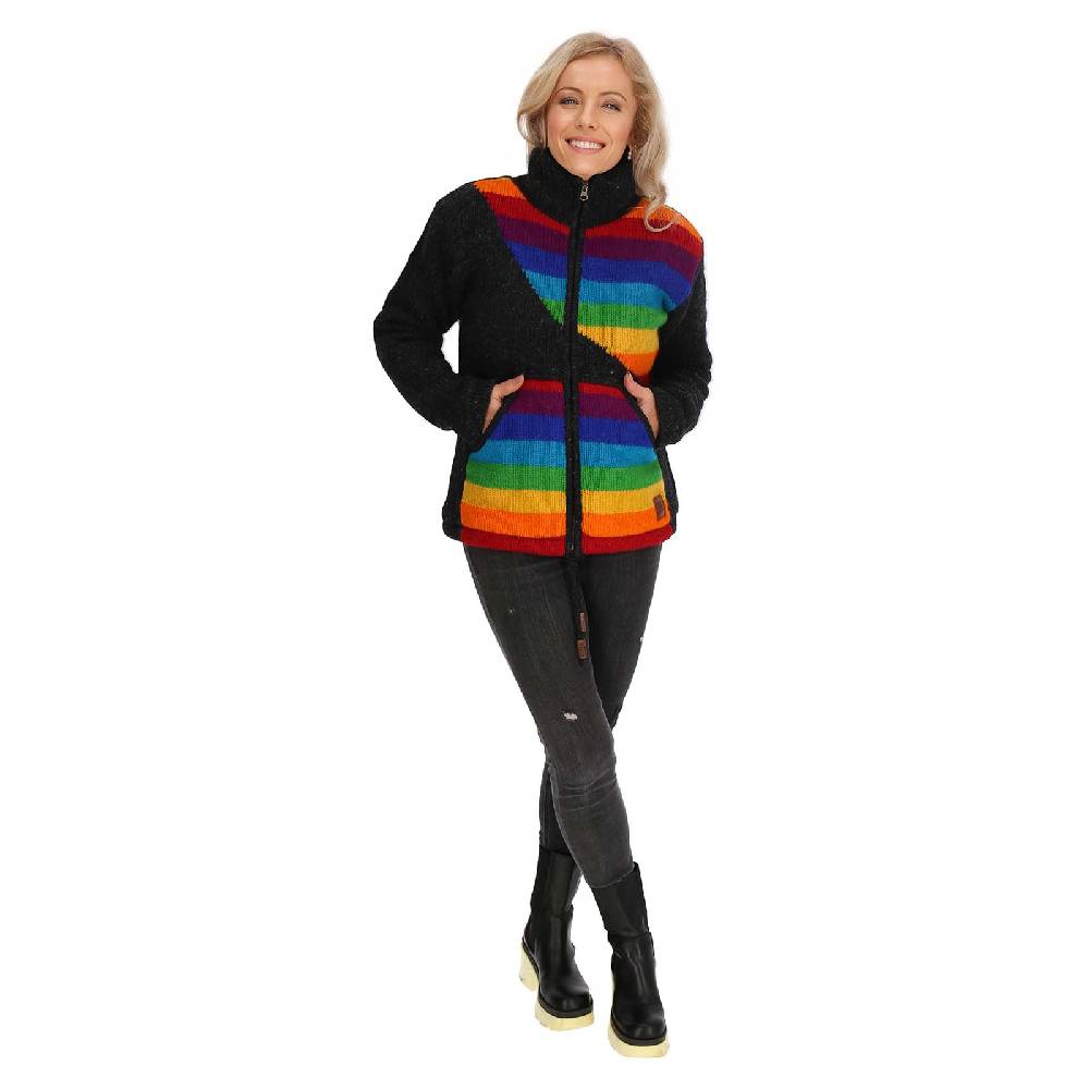 Kunst Und Magie Damen Strickjacke gefütterte Wolljacke Strickpullover Goa Wolle Bunte Jacke Regenbogen Riesige Ersparnisse