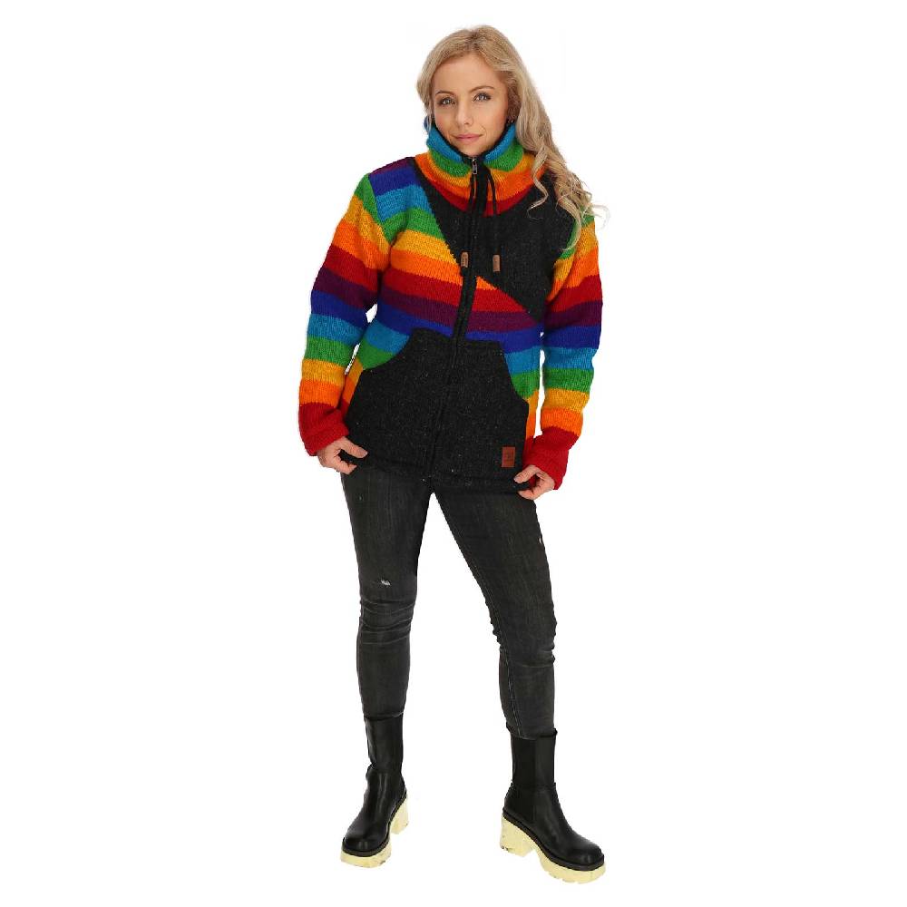 Kunst Und Magie Strickjacke Goa Wolle Bunte Regenbogen Jacke Fleecefutter Hochkragen Unisex Fair VIP-Rabatte