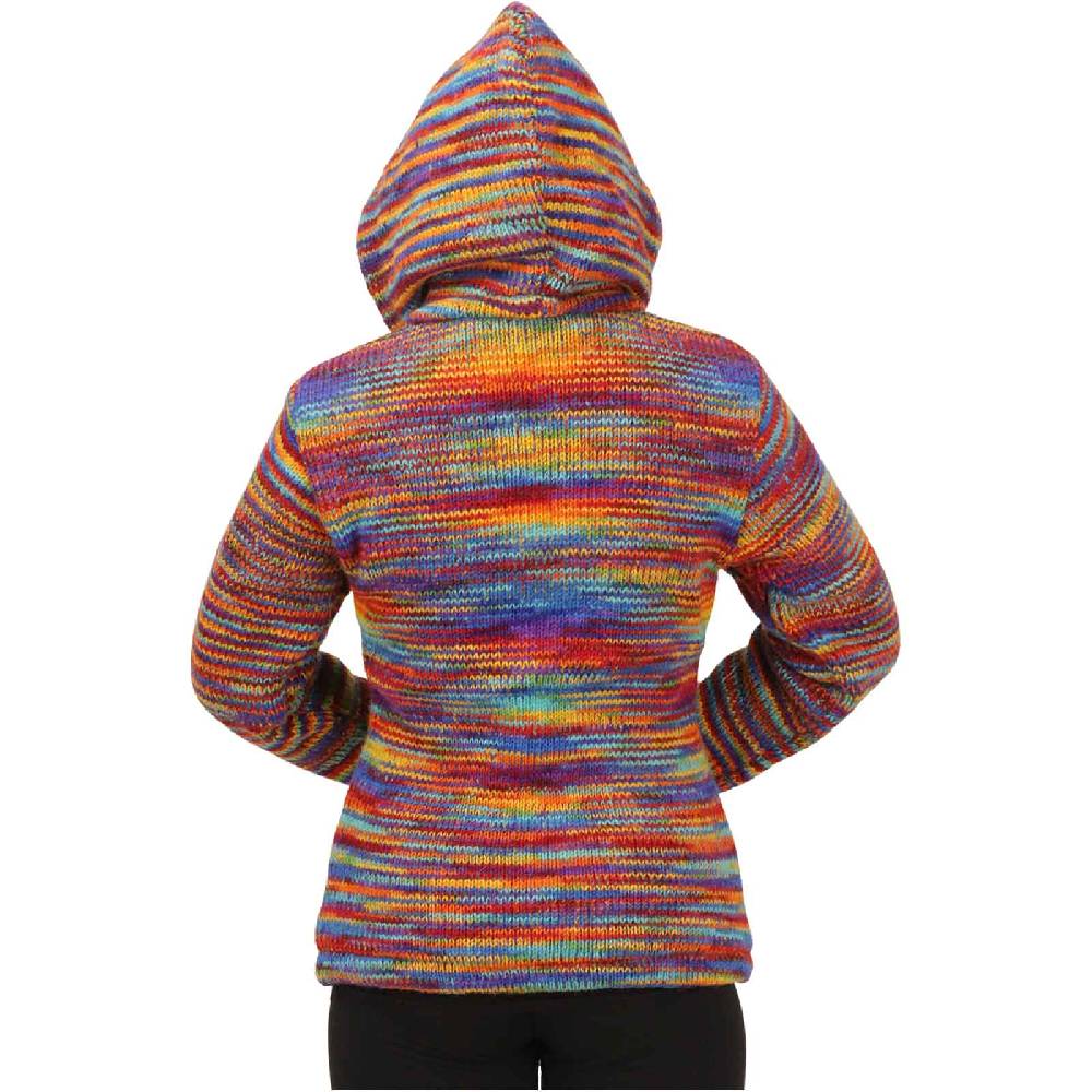 Kunst Und Magie Damen Strickjacke Goa Wolle Bunte Regenbogen Jacke Fleecefutter Hochkragen abnehmbarer Kapuze Super Rabatt