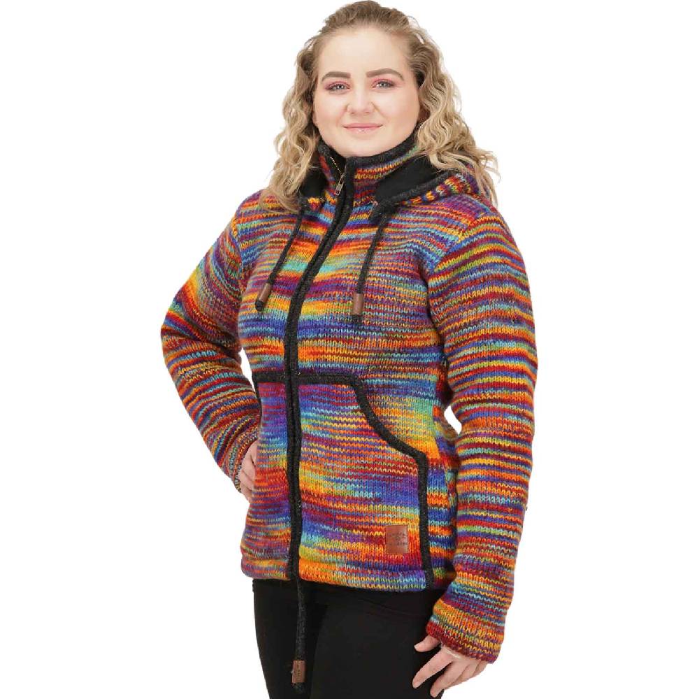 Kunst Und Magie Damen Strickjacke Goa Wolle Bunte Regenbogen Jacke Fleecefutter Hochkragen abnehmbarer Kapuze Super Rabatt