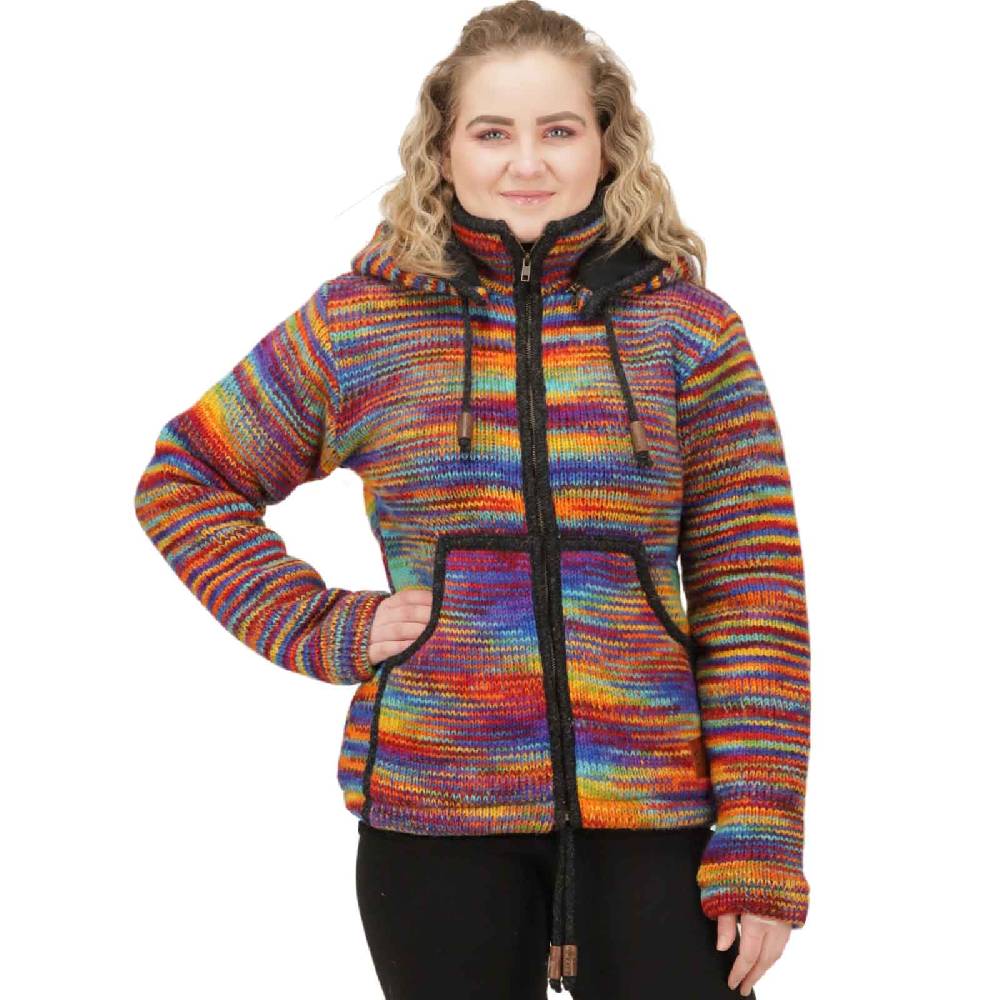 Kunst Und Magie Damen Strickjacke Goa Wolle Bunte Regenbogen Jacke Fleecefutter Hochkragen abnehmbarer Kapuze Super Rabatt