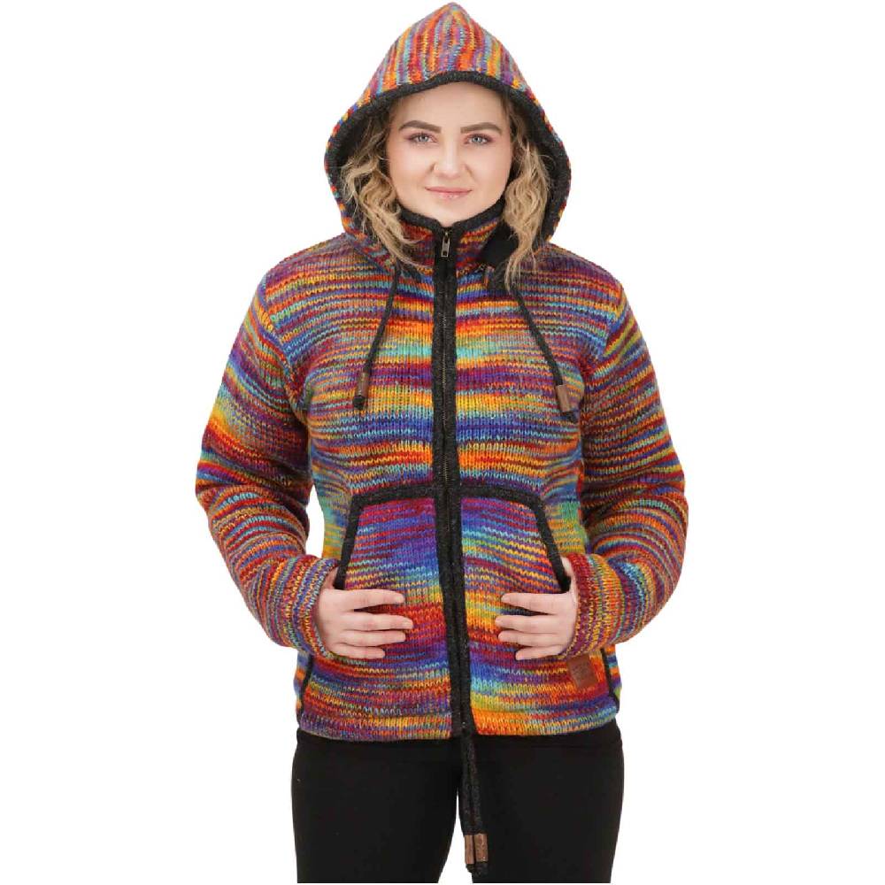 Kunst Und Magie Damen Strickjacke Goa Wolle Bunte Regenbogen Jacke Fleecefutter Hochkragen abnehmbarer Kapuze Super Rabatt