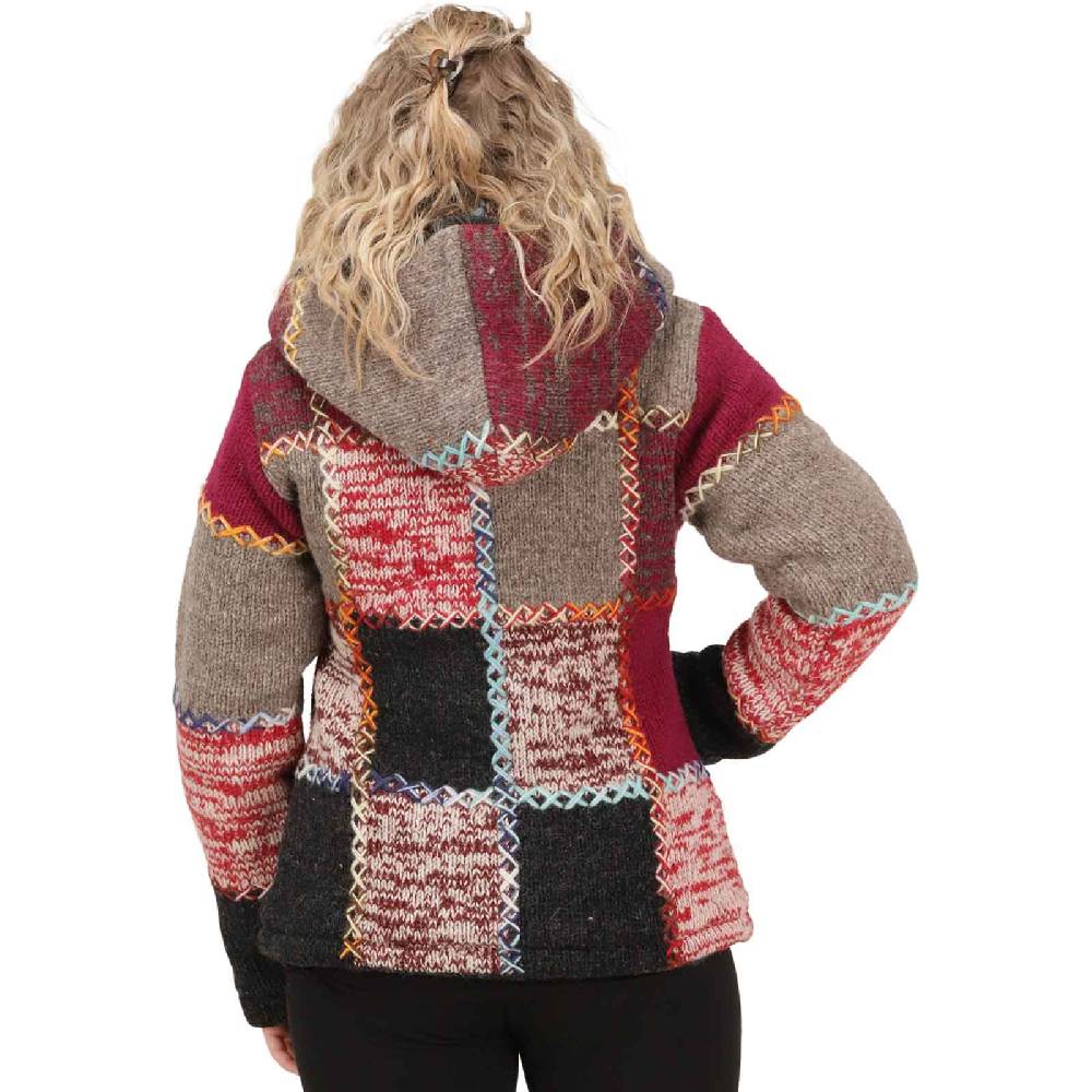 Kunst Und Magie Damen Strickjacke Goa Wolle Bunte Patchwork Jacke Fleecefutter Hochkragen abnehmbarer Kapuze Riesige Rabatte