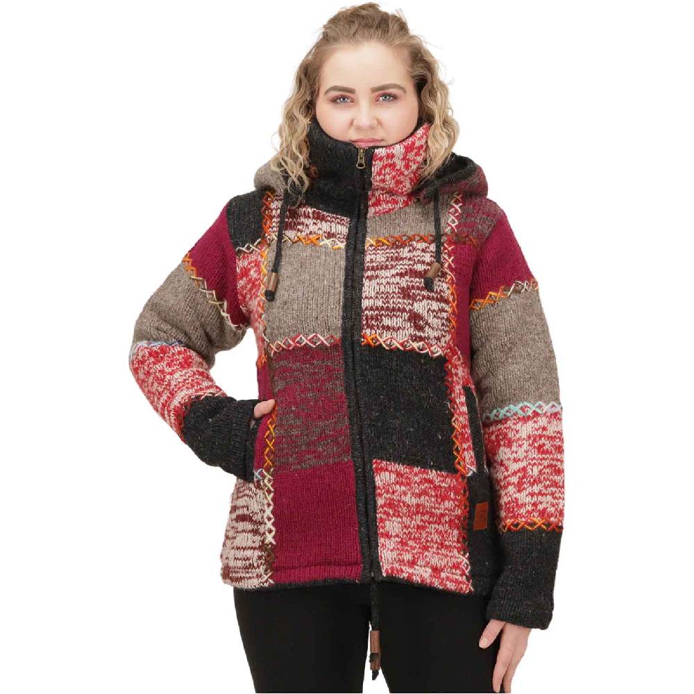 Kunst Und Magie Damen Strickjacke Goa Wolle Bunte Patchwork Jacke Fleecefutter Hochkragen abnehmbarer Kapuze Riesige Rabatte
