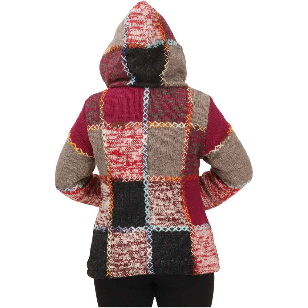 Kunst Und Magie Damen Strickjacke Goa Wolle Bunte Patchwork Jacke Fleecefutter Hochkragen abnehmbarer Kapuze Riesige Rabatte