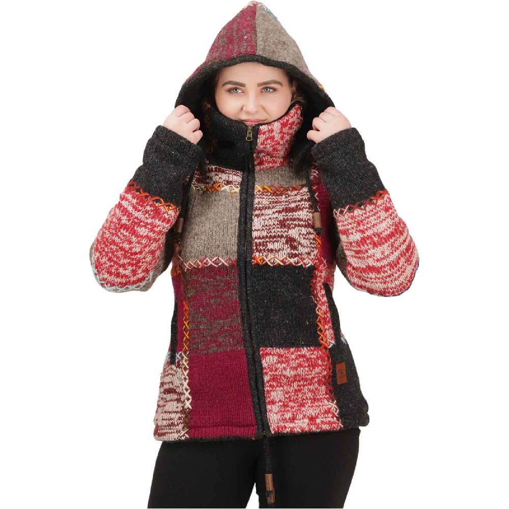Kunst Und Magie Damen Strickjacke Goa Wolle Bunte Patchwork Jacke Fleecefutter Hochkragen abnehmbarer Kapuze Riesige Rabatte