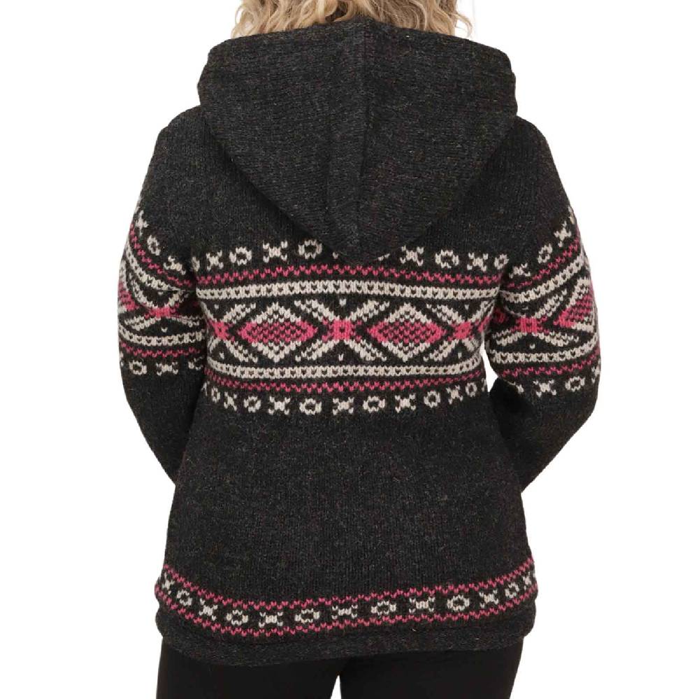 Kunst Und Magie Damen Klassische gefütterte Wolljacke Strickjacke Goa Wolle Jacke Norweger Muster abnehmbarer Kapuze 50% Rabatt mit kostenlosem Versand