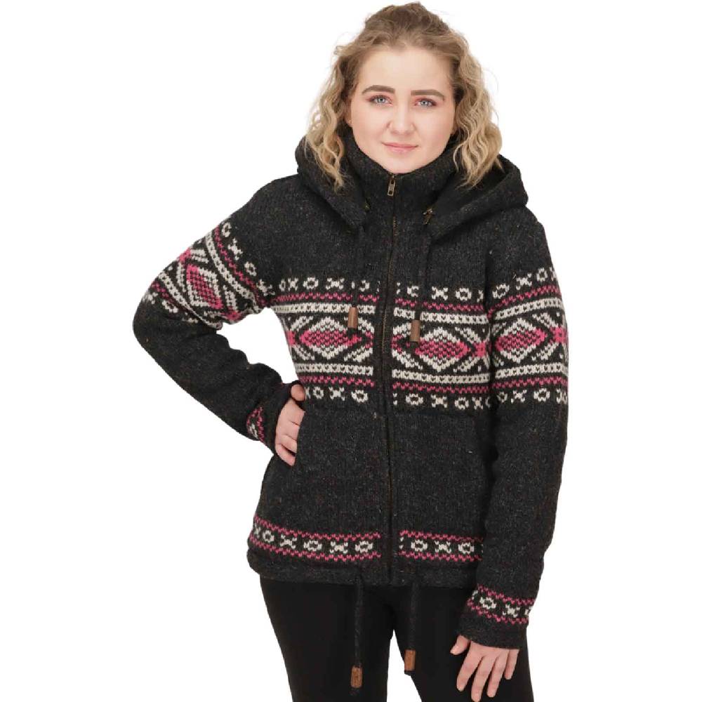 Kunst Und Magie Damen Klassische gefütterte Wolljacke Strickjacke Goa Wolle Jacke Norweger Muster abnehmbarer Kapuze 50% Rabatt mit kostenlosem Versand
