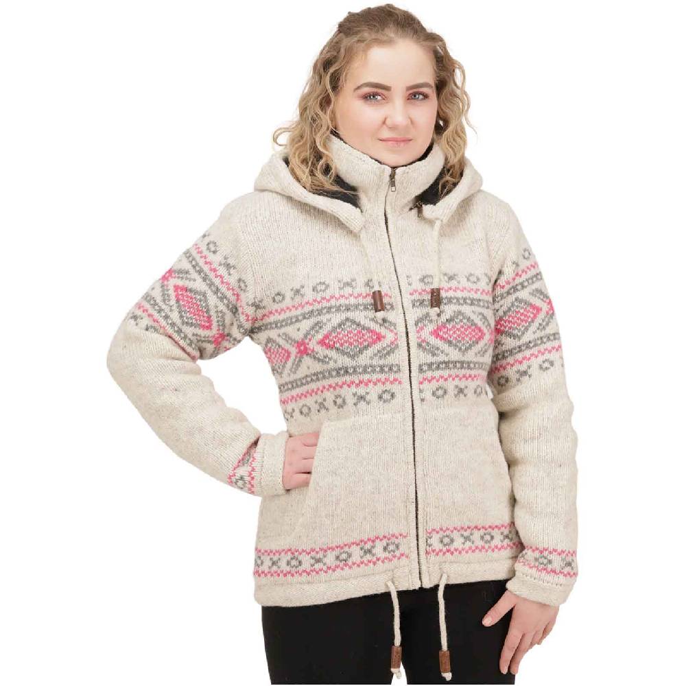 Kunst Und Magie Damen Klassische gefütterte Wolljacke Strickjacke Goa Wolle Jacke Norweger Muster abnehmbarer Kapuze Clearance-Verkauf