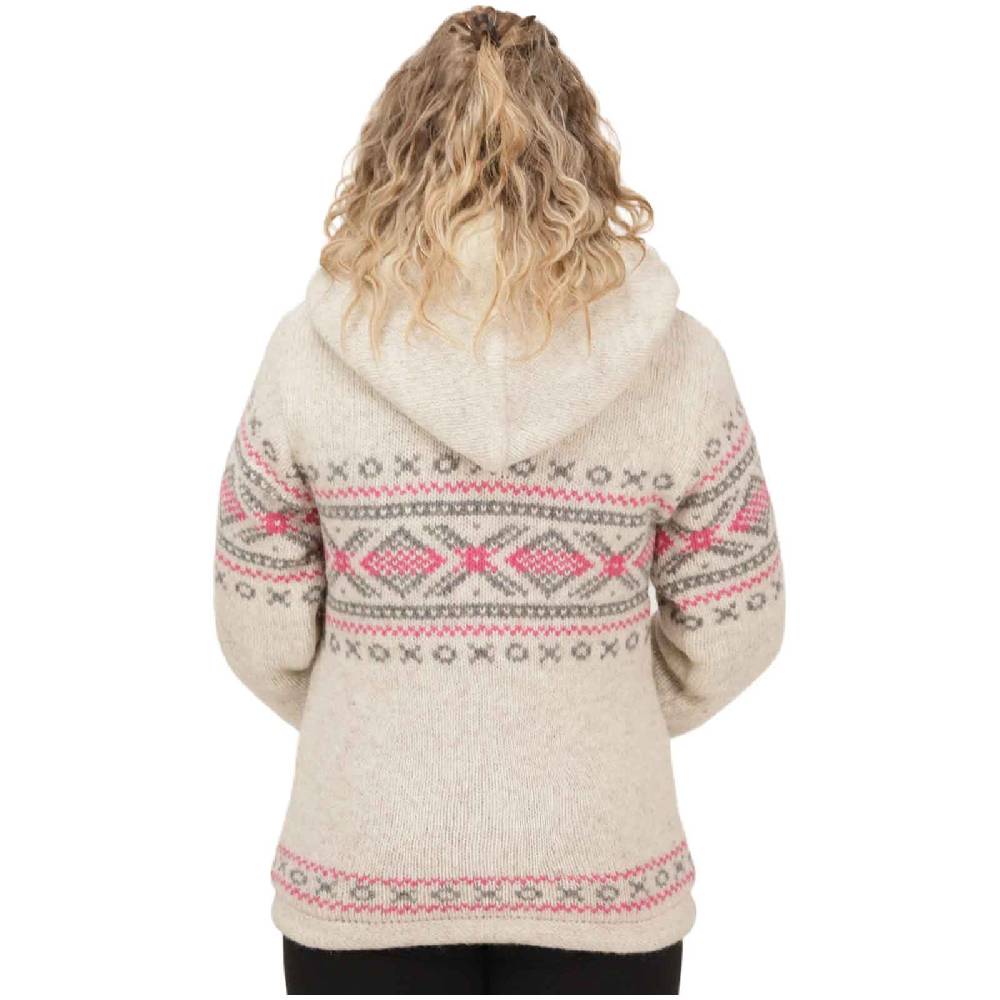 Kunst Und Magie Damen Klassische gefütterte Wolljacke Strickjacke Goa Wolle Jacke Norweger Muster abnehmbarer Kapuze Clearance-Verkauf