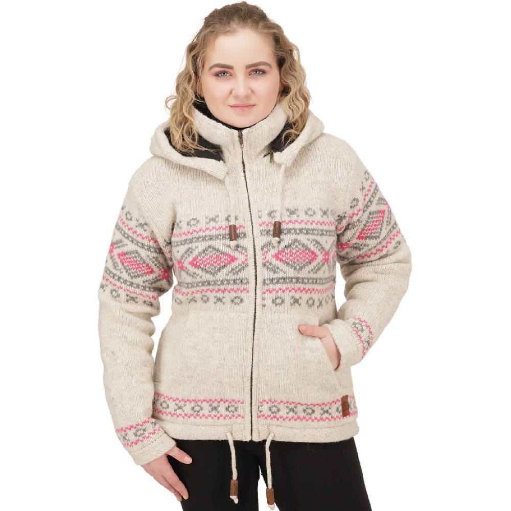 Kunst Und Magie Damen Klassische gefütterte Wolljacke Strickjacke Goa Wolle Jacke Norweger Muster abnehmbarer Kapuze Clearance-Verkauf