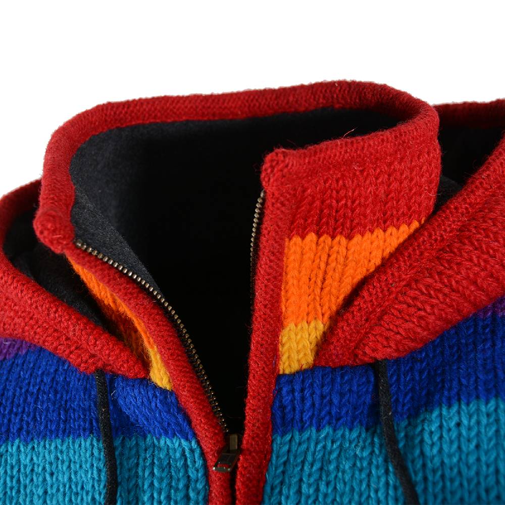 Kunst Und Magie Damen Regenbogen Strickjacke Goa Wolle Jacke mit Fleecefutter und abnehmbarer Kapuze Kostenloser Versand international