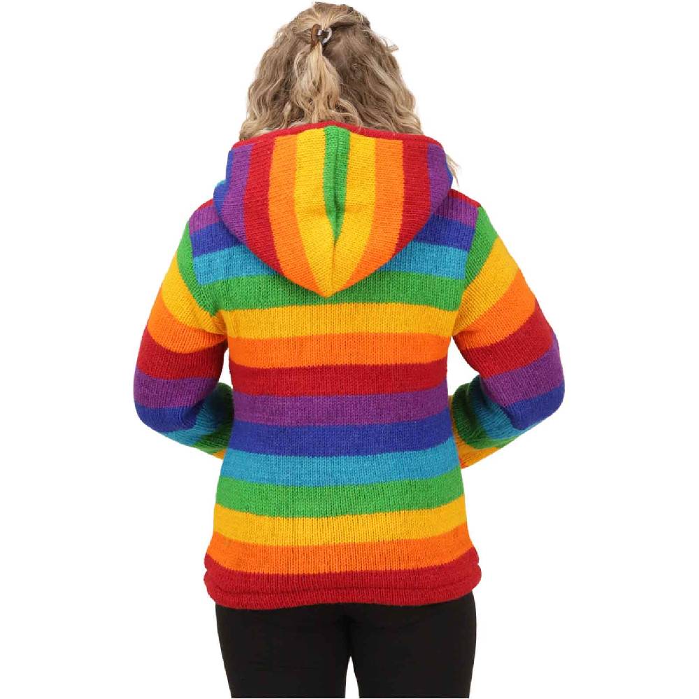 Kunst Und Magie Damen Regenbogen Strickjacke Goa Wolle Jacke mit Fleecefutter und abnehmbarer Kapuze Kostenloser Versand international