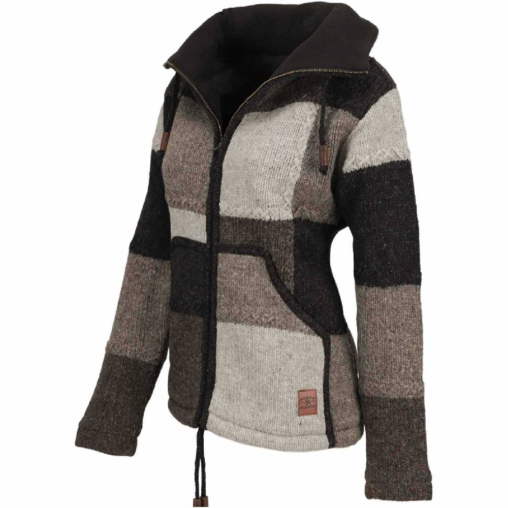 Kunst Und Magie Damen Strickjacke Goa Wolle Bunte Patchwork Jacke mit Fleecefutter und Hochkragen zollfrei