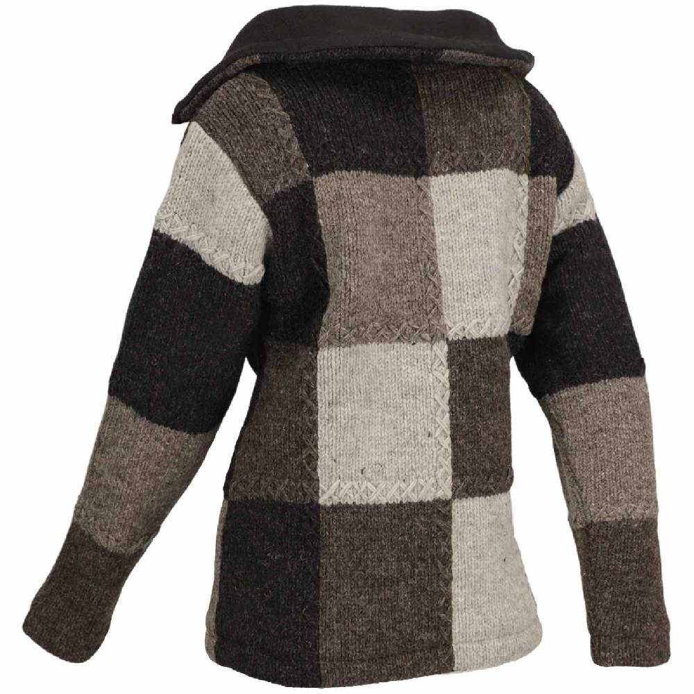 Kunst Und Magie Damen Strickjacke Goa Wolle Bunte Patchwork Jacke mit Fleecefutter und Hochkragen zollfrei