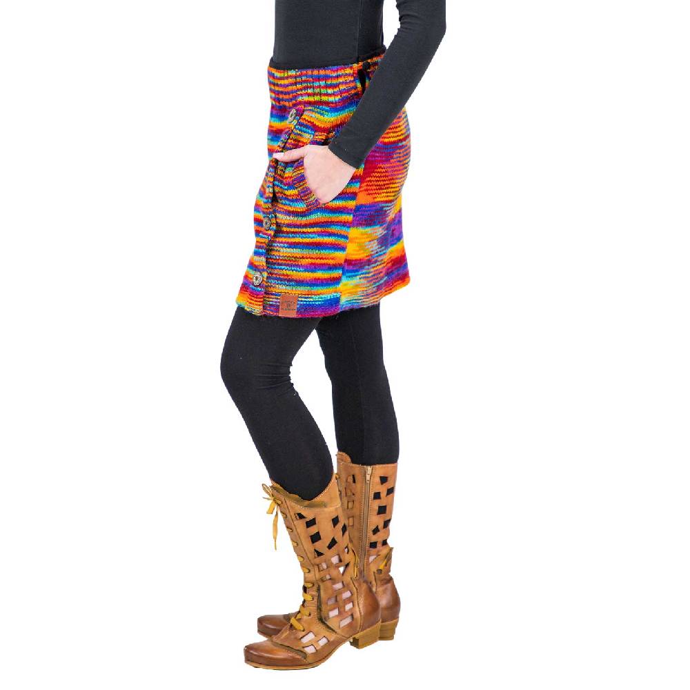 Kunst Und Magie Bunter Strickrock kurzer Rock mit Regenbogen Mustern Wolle gefüttert Hippie Goa Rainbow Schlussverkauf