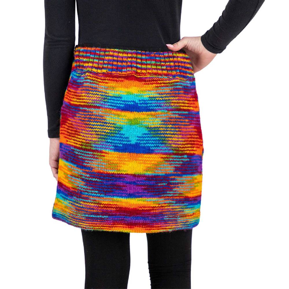 Kunst Und Magie Bunter Strickrock kurzer Rock mit Regenbogen Mustern Wolle gefüttert Hippie Goa Rainbow Schlussverkauf