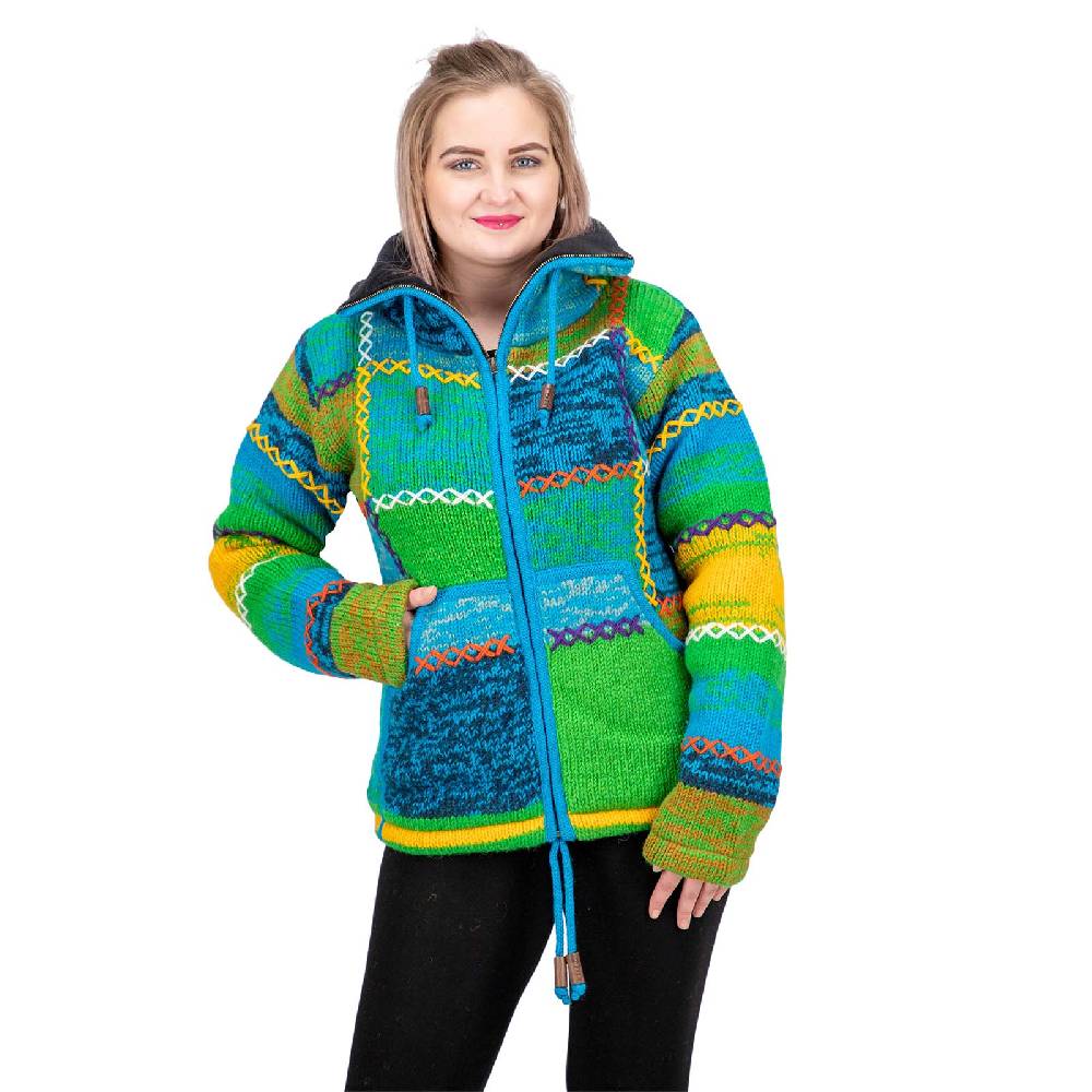 Kunst Und Magie Damen Strickjacke Goa Wolle Bunte Patchwork Jacke mit Fleecefutter und Hochkragen Meist gekauft