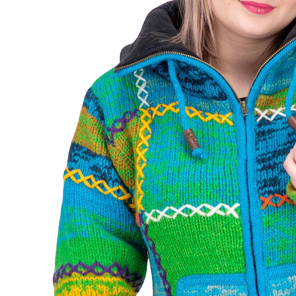 Kunst Und Magie Damen Strickjacke Goa Wolle Bunte Patchwork Jacke mit Fleecefutter und Hochkragen Meist gekauft