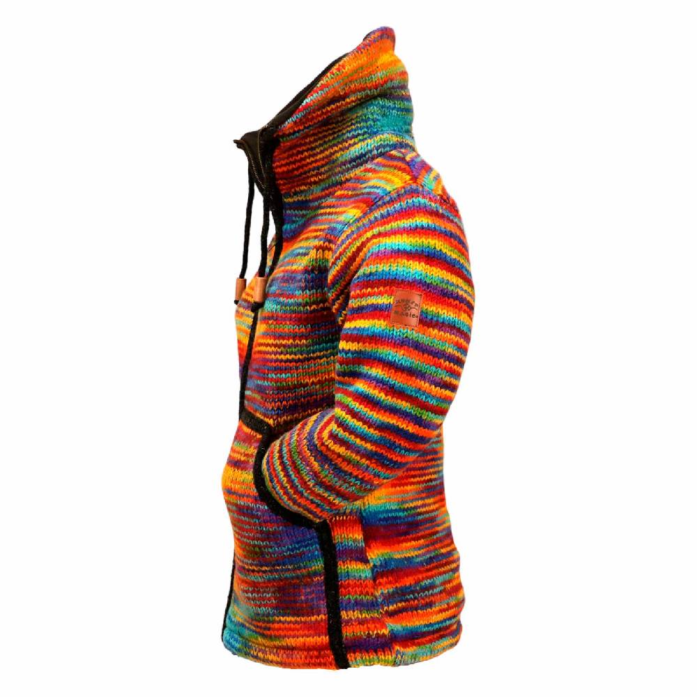 Kunst Und Magie Damen Strickjacke Goa Wolle Bunte Regenbogen Jacke Fleecefutter Hochkragen Goa Boho Fair Sonderangebot
