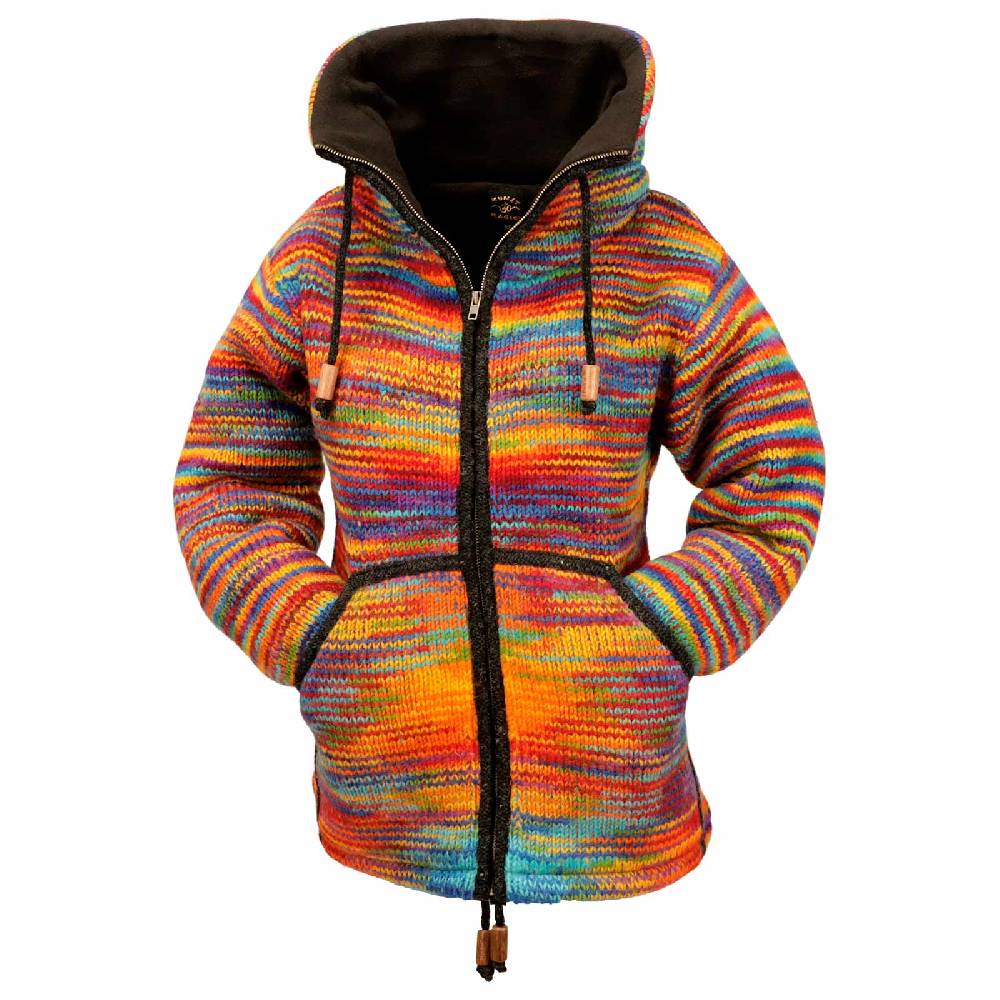 Kunst Und Magie Damen Strickjacke Goa Wolle Bunte Regenbogen Jacke Fleecefutter Hochkragen Goa Boho Fair Sonderangebot