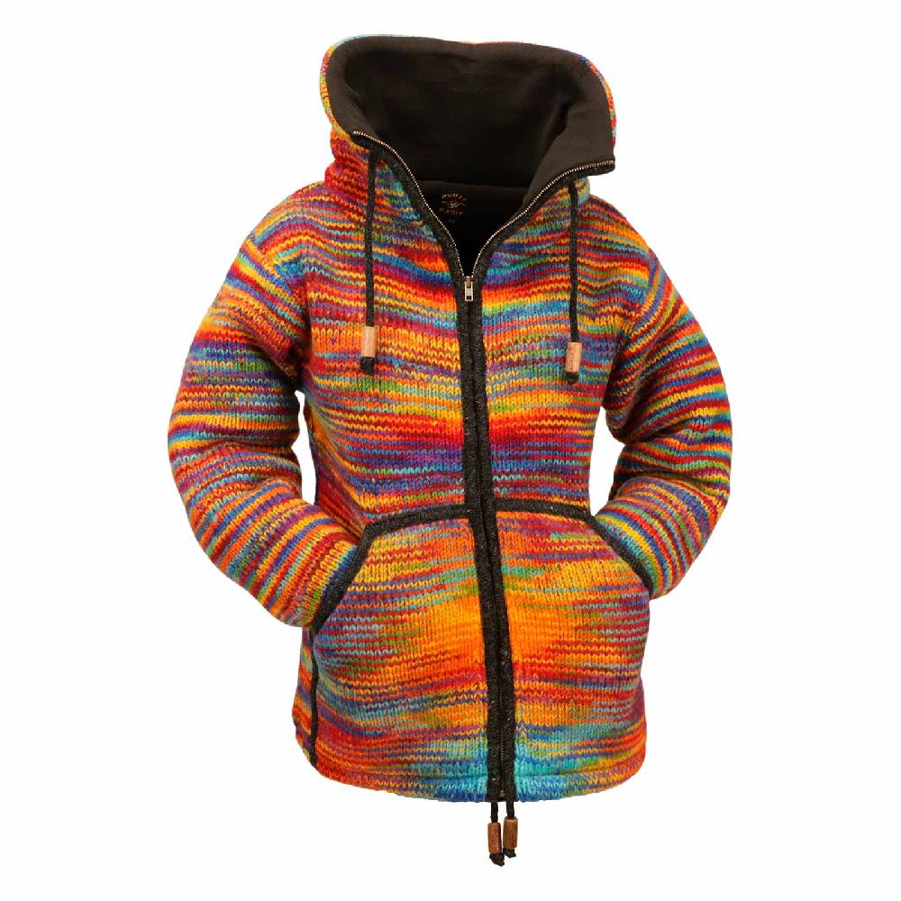 Kunst Und Magie Damen Strickjacke Goa Wolle Bunte Regenbogen Jacke Fleecefutter Hochkragen Goa Boho Fair Sonderangebot