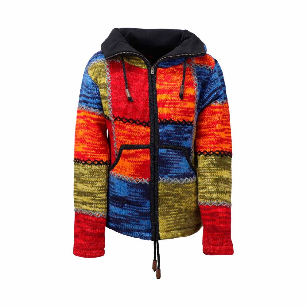 Kunst Und Magie Damen Strickjacke Goa Wolle Bunte Patchwork Jacke mit Fleecefutter und Hochkragen Fair Rabatt