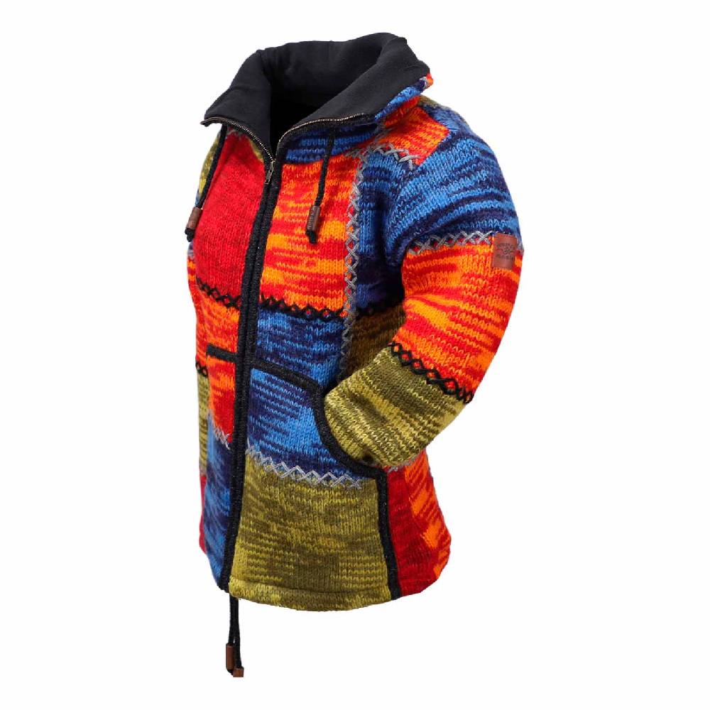 Kunst Und Magie Damen Strickjacke Goa Wolle Bunte Patchwork Jacke mit Fleecefutter und Hochkragen Fair Rabatt