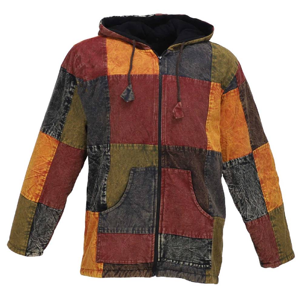 Kunst Und Magie Patchwork Jacke Baja Hoodie Herren alternativ Kapuzenjacke mit Fleecefutter Nachhaltig Fair Preisnachlass