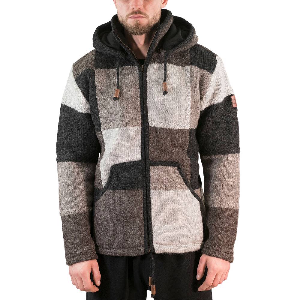Kunst Und Magie Herren Strickjacke Patchwork Wolle Jacke mit abnehmbarer Kapuze und Fleecefutter Hippie Saisonale Angebote