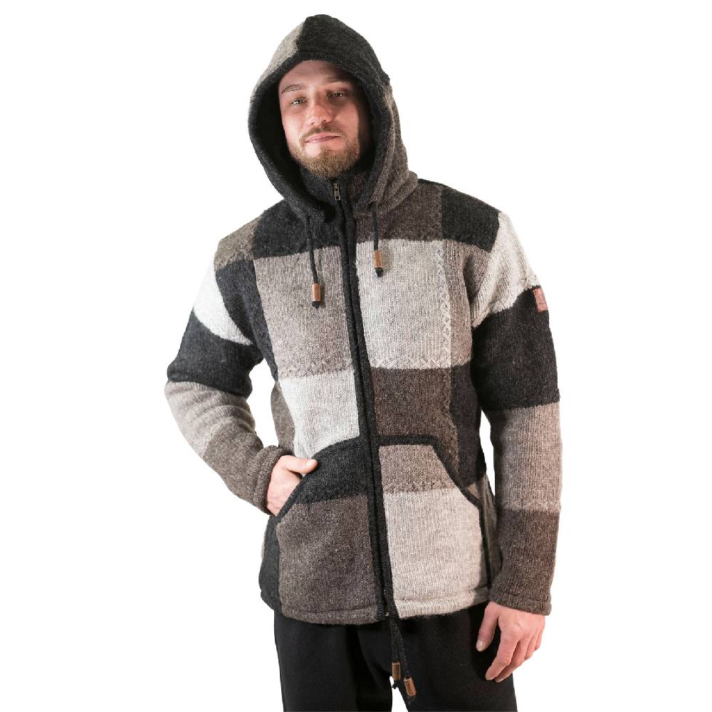 Kunst Und Magie Herren Strickjacke Patchwork Wolle Jacke mit abnehmbarer Kapuze und Fleecefutter Hippie Saisonale Angebote