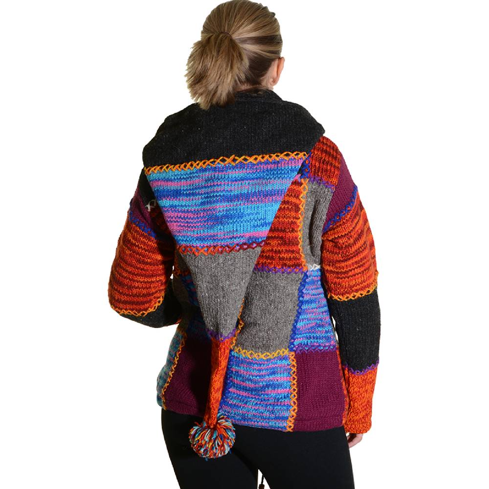 Kunst Und Magie Damen Strickjacke Goa Wolle Jacke mit Fleecefutter mit abnehmbarer Zipfelkapuze Räumungsverkauf