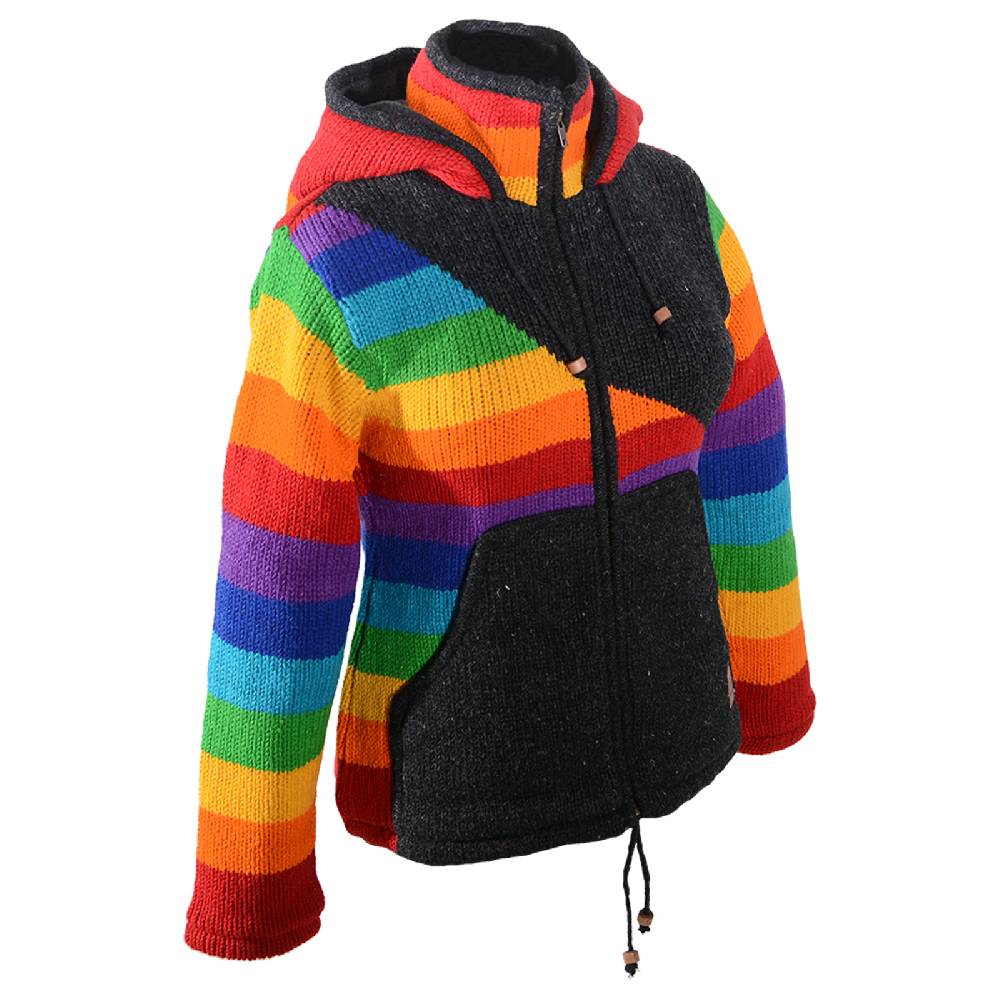 Kunst Und Magie Damen Goa Winter Strickjacke Wolle Fleecefutter abnehmbarer Zipfelkapuze Schwarz/Regenbogen Kauf eins, bekomm eins gratis
