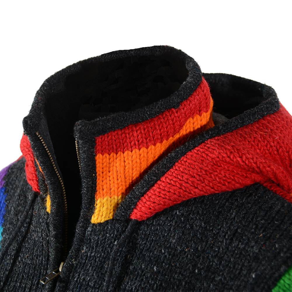 Kunst Und Magie Damen Goa Winter Strickjacke Wolle Fleecefutter abnehmbarer Zipfelkapuze Schwarz/Regenbogen Kauf eins, bekomm eins gratis