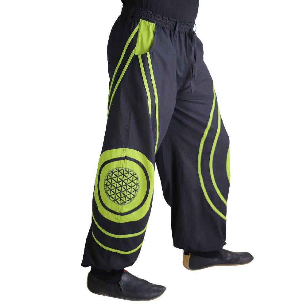 Kunst Und Magie Hose Blume des Lebens Goa Hippiehose Pluderhose mit Kordelzug Gürtelschlaufen Haremshose Flower of Life Sonderangebote