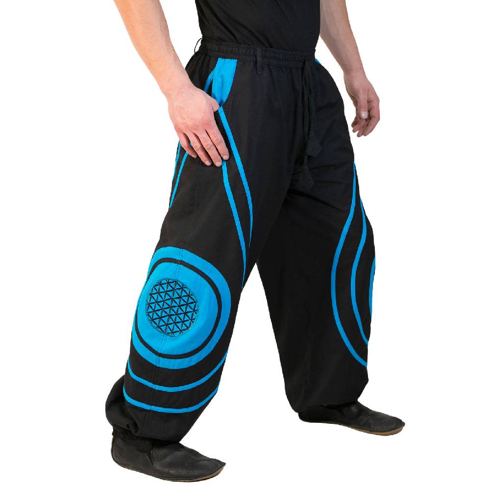 Kunst Und Magie Hose Blume des Lebens Goa Hippiehose Pluderhose mit Kordelzug Gürtelschlaufen Haremshose Flower of Life Sonderangebote