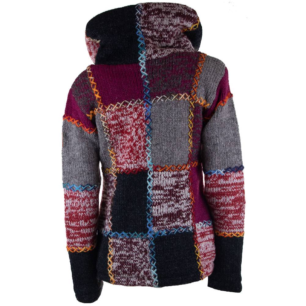 Kunst Und Magie Damen Strickjacke Goa Wolle Bunte Patchwork Winter Jacke mit Fleecefutter und Hochkragen Boho Neueste Stile