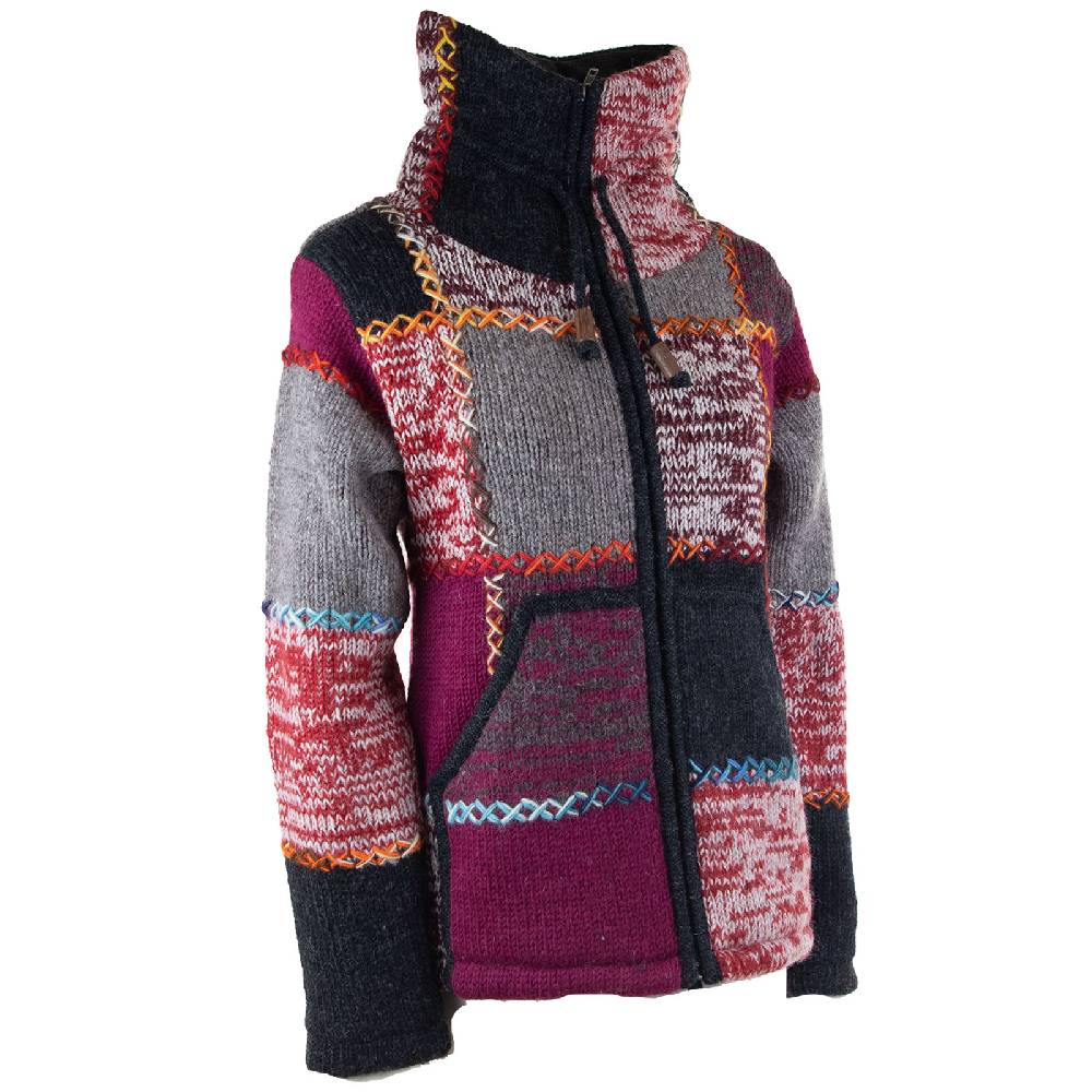 Kunst Und Magie Damen Strickjacke Goa Wolle Bunte Patchwork Winter Jacke mit Fleecefutter und Hochkragen Boho Neueste Stile