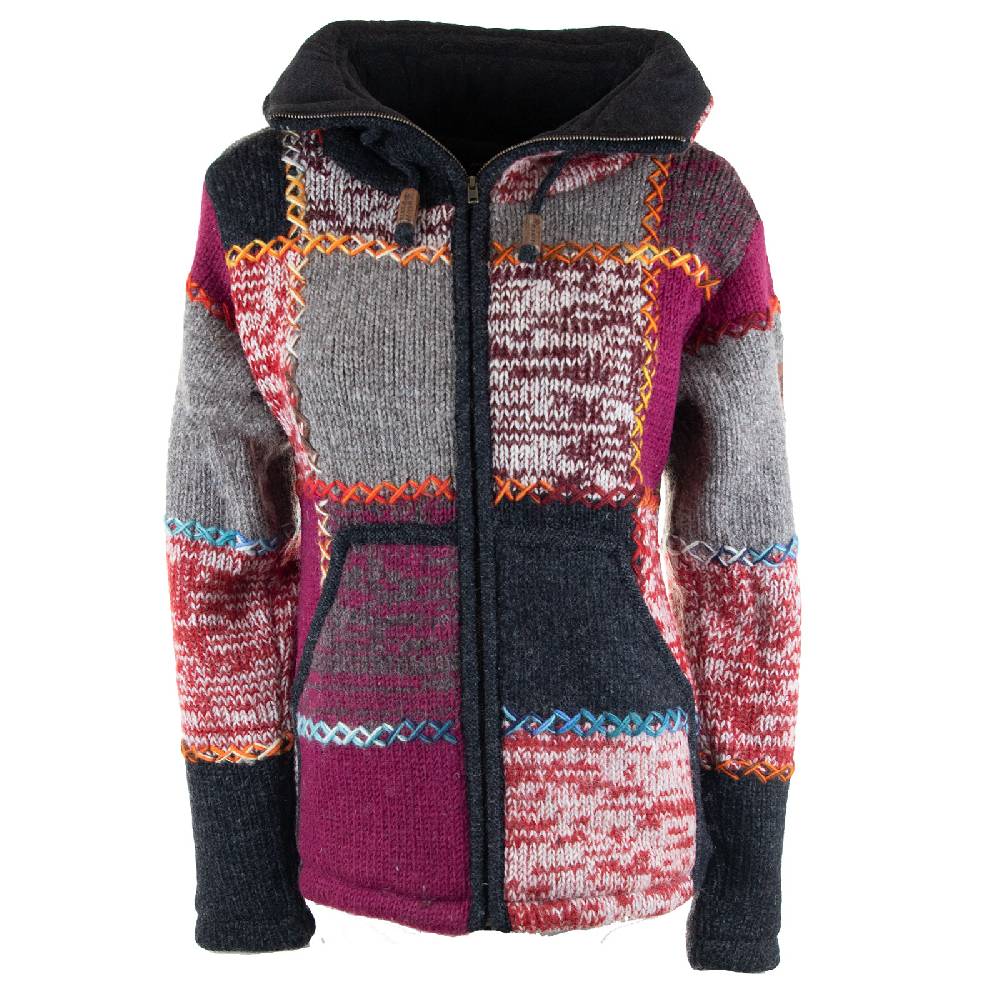 Kunst Und Magie Damen Strickjacke Goa Wolle Bunte Patchwork Winter Jacke mit Fleecefutter und Hochkragen Boho Neueste Stile