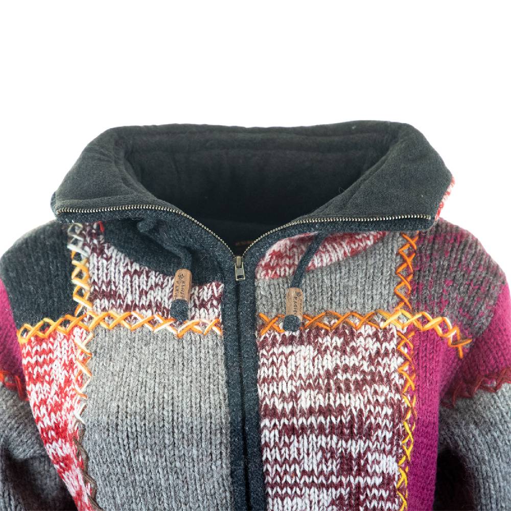 Kunst Und Magie Damen Strickjacke Goa Wolle Bunte Patchwork Winter Jacke mit Fleecefutter und Hochkragen Boho Neueste Stile